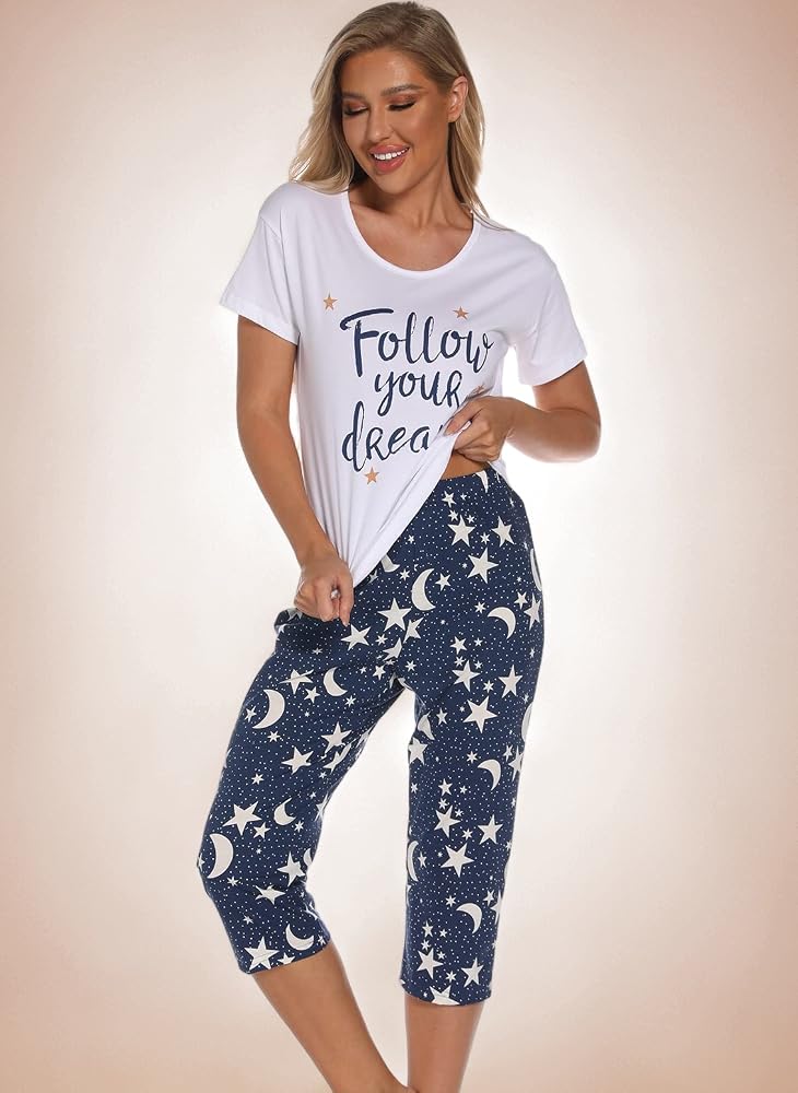 amazon-pigiama-donna-909lsa-1.jpg Misscoo Set Pigiama Donna Estivo Pigiama Cotone Maniche Corte e Pantaloni Cropped Indumenti da Notte per Casa : Amazon.it: Moda - immagine 1