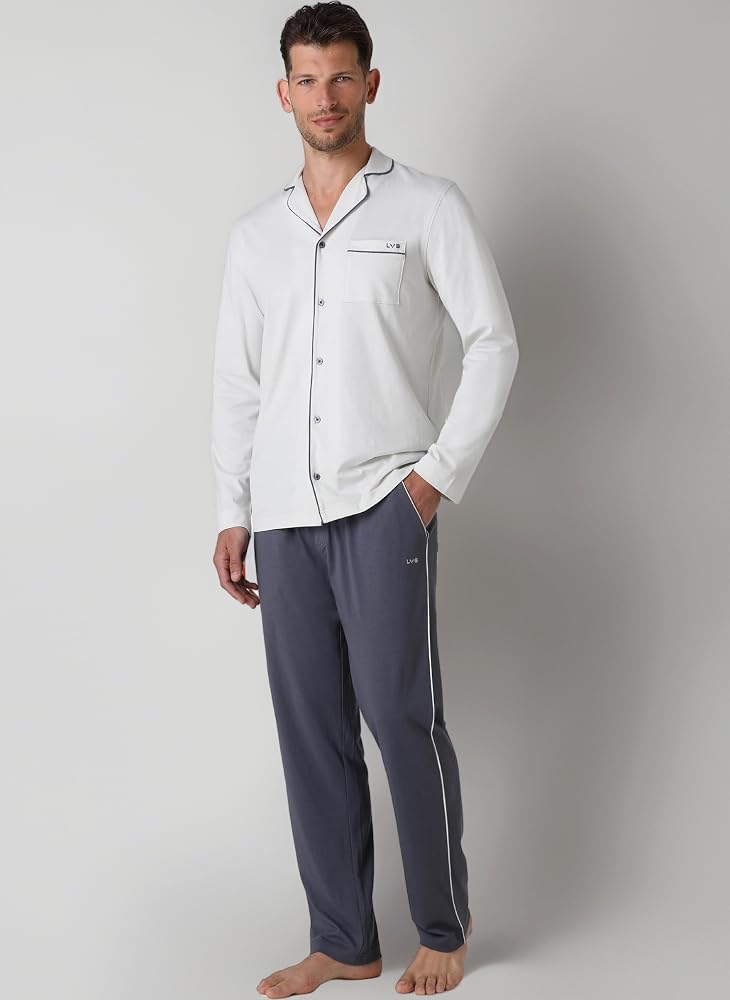 lovable-pigiami-uomo-256spc-1.jpg Lovable Cotton Jersey Open Pyjamas | Button Down Jacket with Contrast Piping | Long Trousers with Drawstring and Pockets | Men's Nightwear & Loungewear, Light Grey 4 M : Amazon.it: Fashion - immagine 1