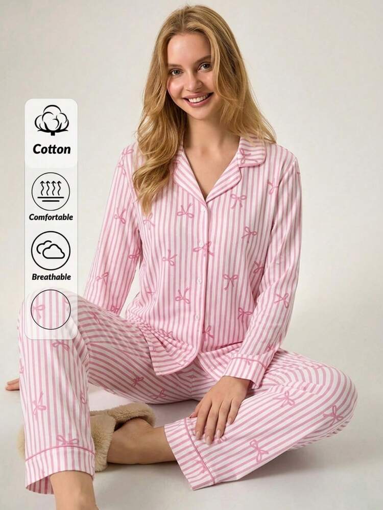 pigiama-con-bottoni-donna-245yqa-1.jpg Loomlin Completo pigiama da donna con 2 pezzi, camicia con bottoni e pantaloni a righe e fantasia, adorabile set abbigliamento per la casa | SHEIN ITALIA - immagine 1