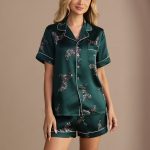 Pigiama Set Bottoni Manica Corta Donna In 100% Seta Di Gelso Con Stampa Zebra Zebra Smeraldo / XS(38)