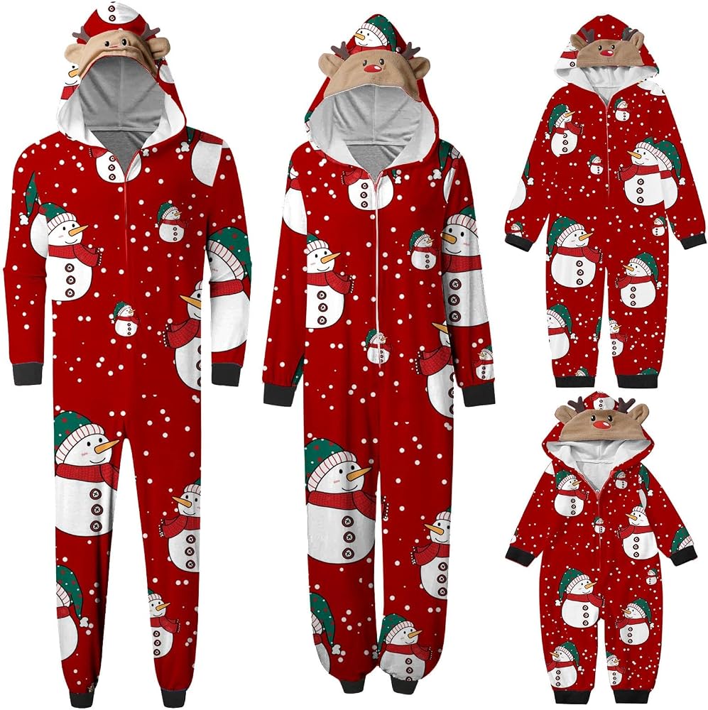 pigiama-di-natale-181cgh-1.jpg biJerou Pigiama natalizio con stampa a pupazzo di neve, morbido cappuccio con chiusura lampo, motivo renne, pigiama natalizio, Mamma rossa, XL : Amazon.it: Moda - immagine 1
