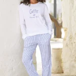 100% COTONE – Pigiama Donna Manica Lunga Girocollo con Pantalone a Fantasia – Fresco e Naturale