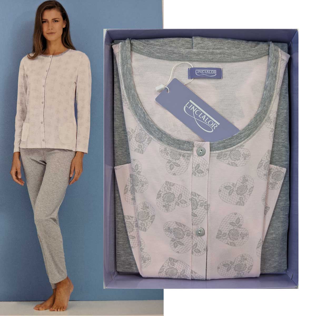 pigiama-donna-cotone-leggero-822wxb-1.jpg Pigiama leggero da donna taglie forti grigio rosa Linclalor 74305 - immagine 1