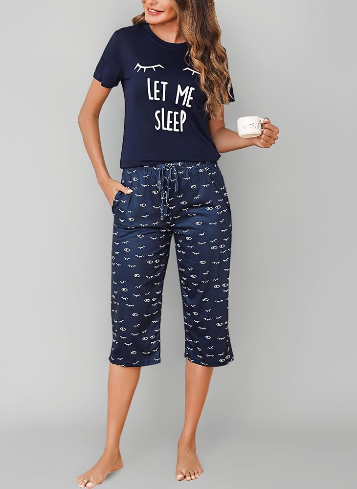 pigiama-donna-estivo-cotone-538itz-1.jpg Uniexcosm Pigiama Donna Cotone Estivo Pigiama da Donna Girocollo Set da Donna con Pantaloni Corti Stampati a 3/4 XL B Blu Navy : Amazon.it: Moda - immagine 1