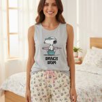Pigiama Donna Estivo Peanuts Snoopy in Cotone Grigio Melange – Canotta Beach Bum e Pantaloncini Art. 64432