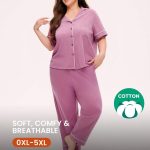 Set pigiama estivo da donna taglie forti in 100% puro cotone morbido, colore viola, con top a bavero e pantaloni, pigiama lungo basic, set pigiama da casa in cotone｜luvlette