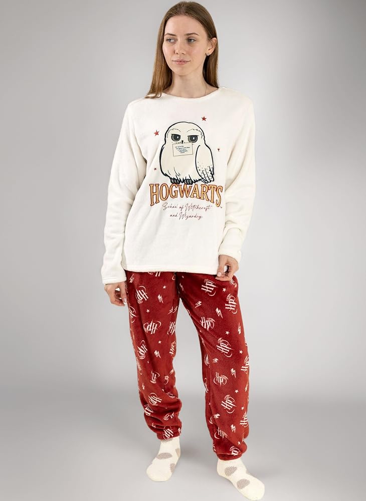 pigiama-harry-potter-donna-872gvv-1.jpg Harry Potter Pigiama da Donna a Maniche Lunghe e Gambe Lunghe di Hedwig in Pile Caldo Rosso e Crema | Design della Scuola di Magia e Stregoneria di Hogwarts | Merchandising : - immagine 1
