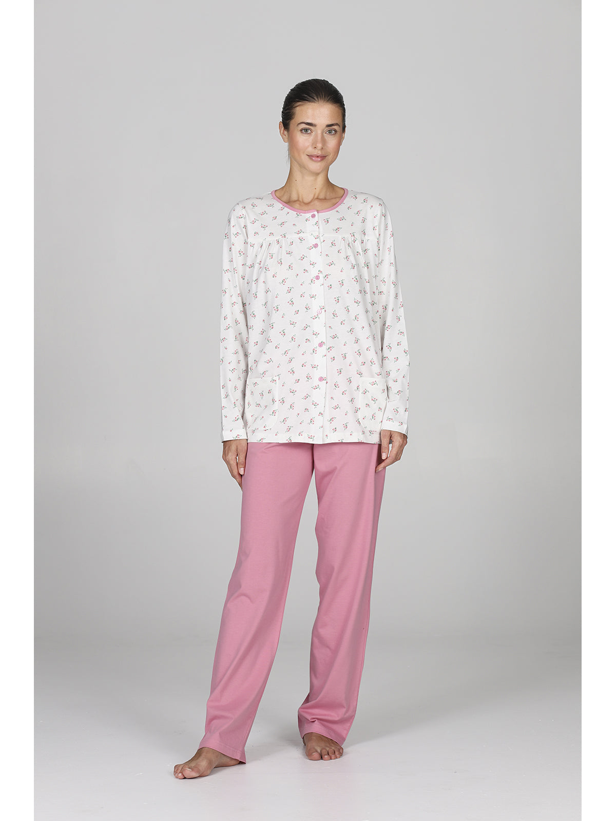 pigiama-lungo-donna-773jvh-1.jpg Pigiama lungo donna in puro cotone con arriccio - immagine 1