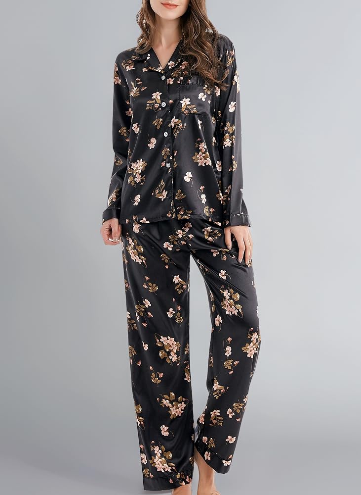 pigiama-raso-050edf-1.jpg Pigiama da donna in raso, maniche e pantaloni lunghi Fiori neri. M : Amazon.it: Moda - immagine 1