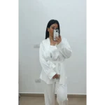 LINEA SPOSA DONNA TRE PEZZI KIMONO PIGIAMA BRETELLINA PANTALONE LUNGO CON PIUME PURO RASO CON CODINO