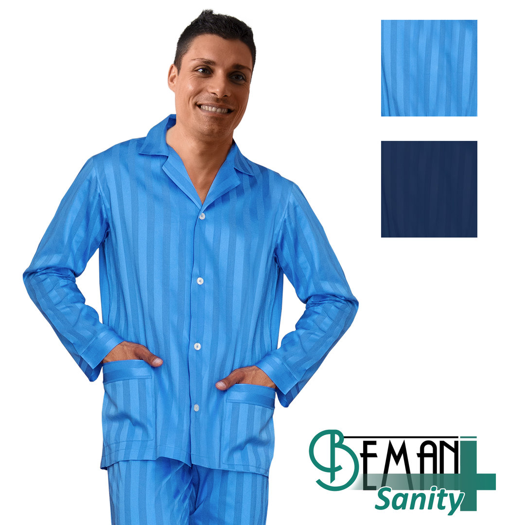 pigiama-uomo-aperto-davanti-030wte-1.jpg BEMAN Pigiama uomo lungo aperto davanti Taglio classico tinta unita 100% Raso Cotone SAN.740 - immagine 1