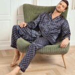 Pigiama Uomo In Seta Pura Con Stampa Catena Navy Maniche Lunghe Con Pa