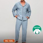 Set pigiama uomo taglie forti primavera/estate in morbido cotone 100% puro azzurro cielo, top basic lungo con bottoni e pantaloni da casa con tasche｜luvlette