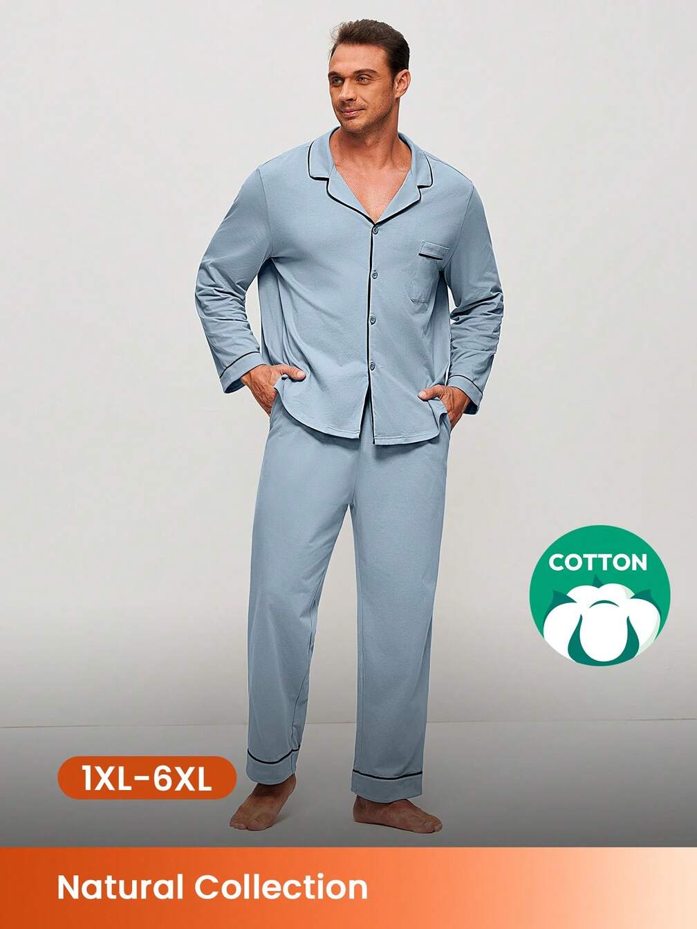 pigiama-uomo-taglie-forti-108ypn-1.jpg Set pigiama uomo taglie forti primavera/estate in morbido cotone 100% puro azzurro cielo, top basic lungo con bottoni e pantaloni da casa con tasche|luvlette - immagine 1
