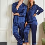 Coppia pura seta lungo pigiama Set totale 4 Pz Blu Scuro / S(46) / XS(38)