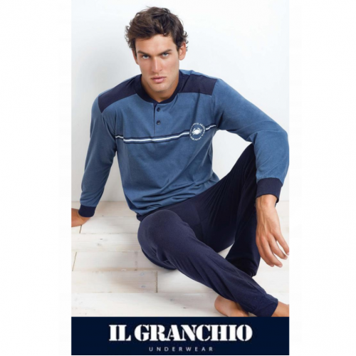pigiami-estivi-uomo-446grf.png Il Granchio Pigiama uomo GP344 lungo in cotone tinta unita blu denim - immagine 1
