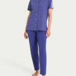 Pigiama aperto a pois in Jersey di cotone Navy Blue Pois