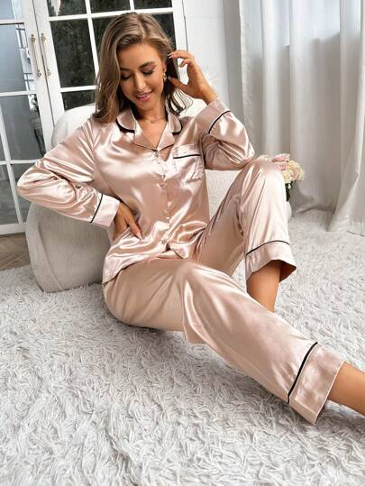 shein-pigiami-872uxu-1.jpg SHEIN Set Pigiama Da Donna Con Pantaloni A Maniche Lunghe E Collo Finto | SHEIN ITALIA - immagine 1