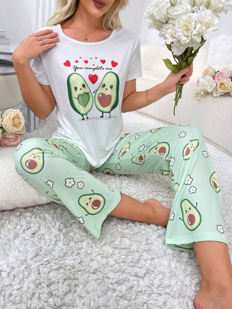 shein-pigiami-donna-302qoh-1.jpg Set Pigiami Da Donna A Maniche Corte Con Stampato Motivo Avocado E Pantaloni Lunghi | SHEIN ITALIA - immagine 1